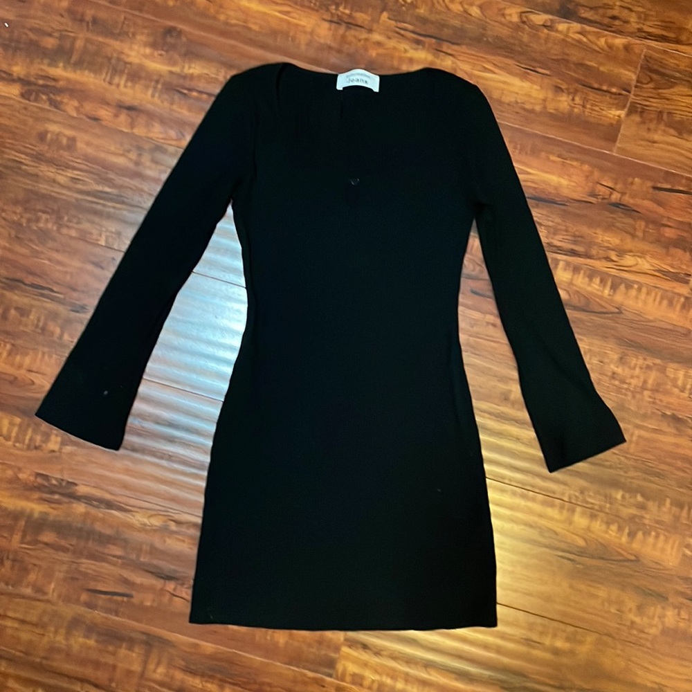 Cute black, short ribbed dress with a scoop neck